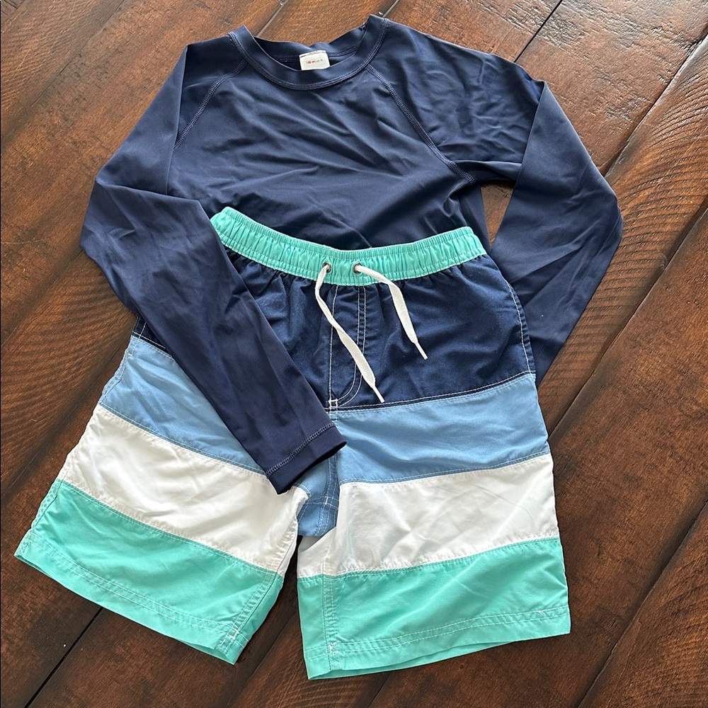 Hanna Andersson Size 140 (10) Coordinating Swim Trunks and Long Rash Guard